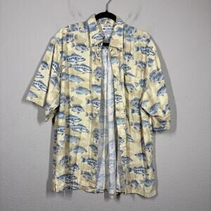Columbia Mens Large Button Up Shirt Yellow Fish Print Cotton Blend Short Sleeves
